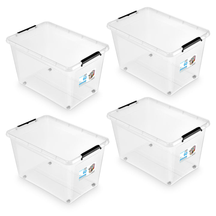 Contenedor Moxom SimpleStore, capacidad de 60 l, transparente, tapa con cierres a presión, con ruedas, sin BPA, 04-0081, 4 unidades