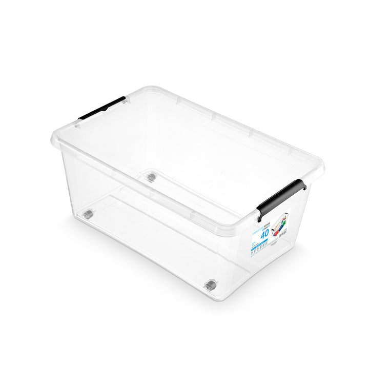 Contenedor Moxom SimpleStore, capacidad de 40 l, transparente, tapa con cierres a presión, con ruedas, sin BPA, 04-0076, 2 unidades