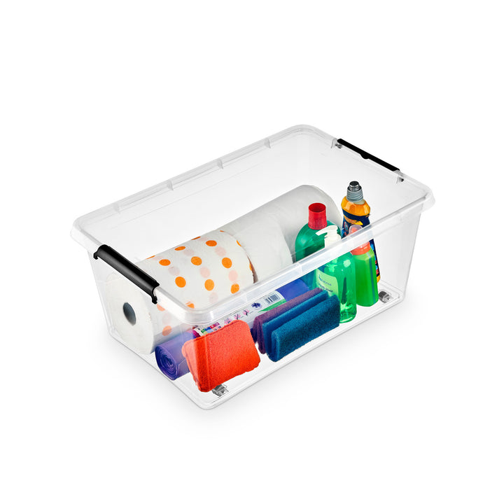 Contenedor Moxom SimpleStore, capacidad de 40 l, transparente, tapa con cierres a presión, con ruedas, sin BPA, 04-0076, 2 unidades
