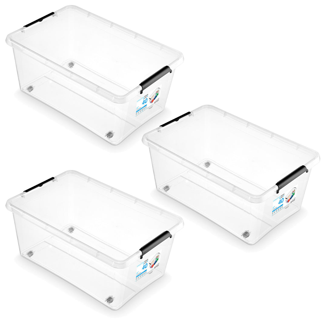 Contenedor Moxom SimpleStore, capacidad de 40 l, transparente, tapa con cierres a presión, con ruedas, sin BPA, 04-0076, 3 unidades