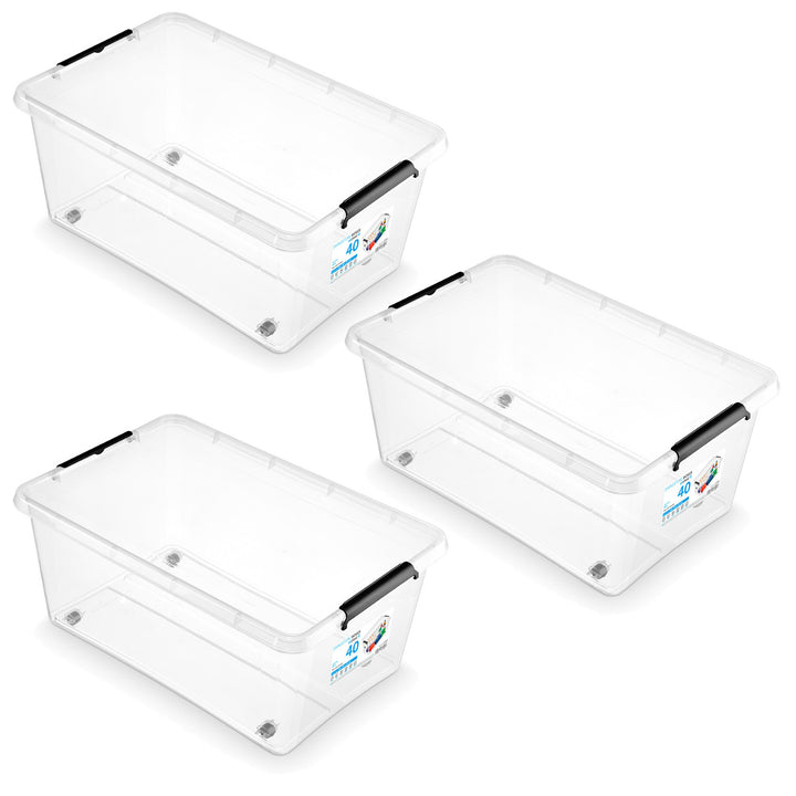Contenedor Moxom SimpleStore, capacidad de 40 l, transparente, tapa con cierres a presión, con ruedas, sin BPA, 04-0076, 3 unidades