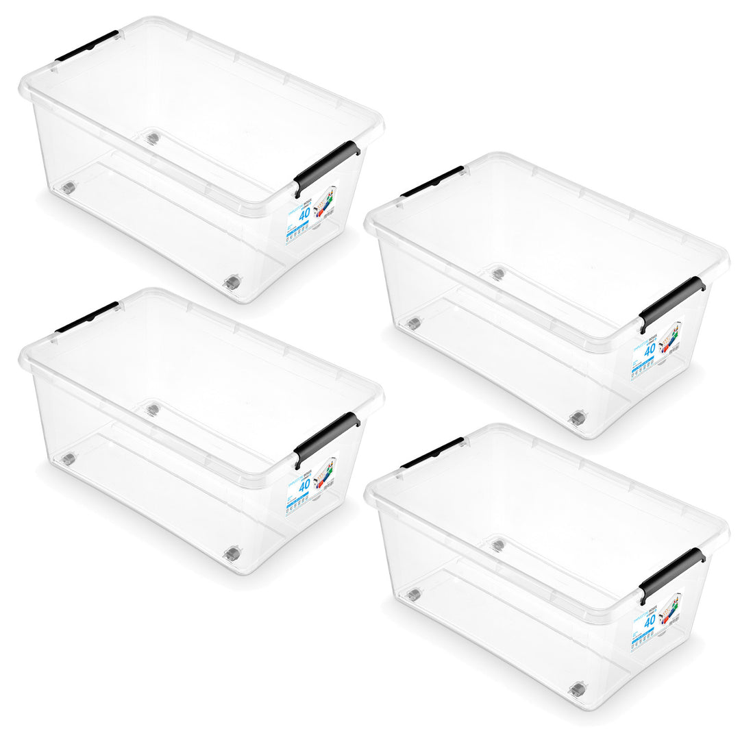 Contenedor Moxom SimpleStore, capacidad de 40 l, transparente, tapa con cierres a presión, con ruedas, sin BPA, 04-0076, 4 unidades