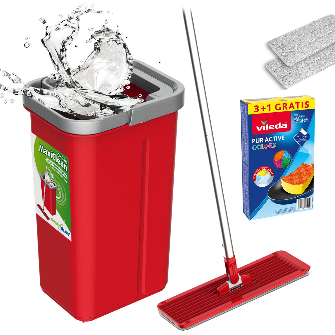 Fregona plana con cubo y escurridor GreenBlue, dos recambios de microfibra HQ, capacidad de 5,7 l, MaxiClean GB870 + 4 estropajos Vileda Pur Active Colors