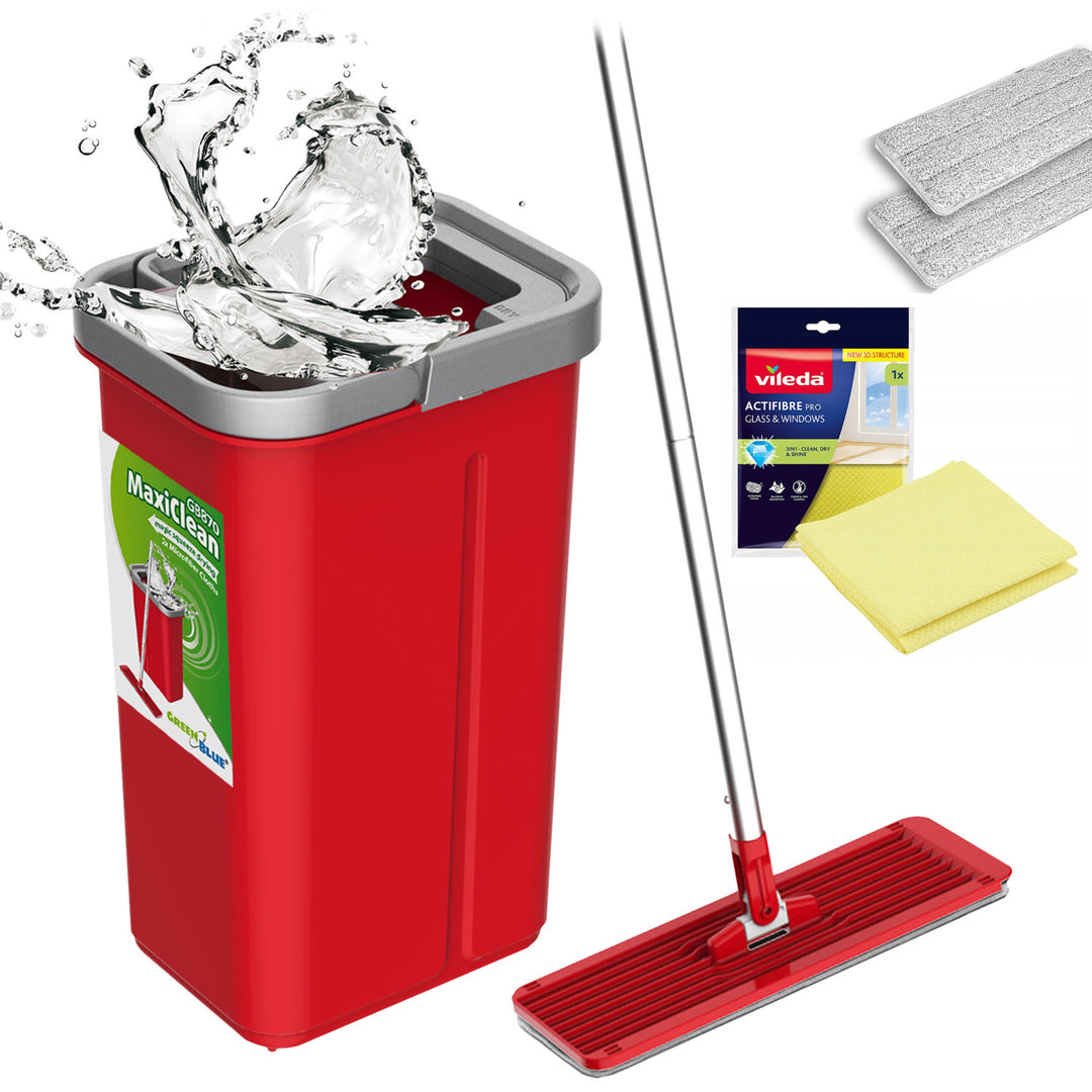 Fregona plana con cubo y escurridor GreenBlue, dos recambios de microfibra HQ, capacidad de 5,7 l, MaxiClean GB870 + paño Vileda Actifibre Pro