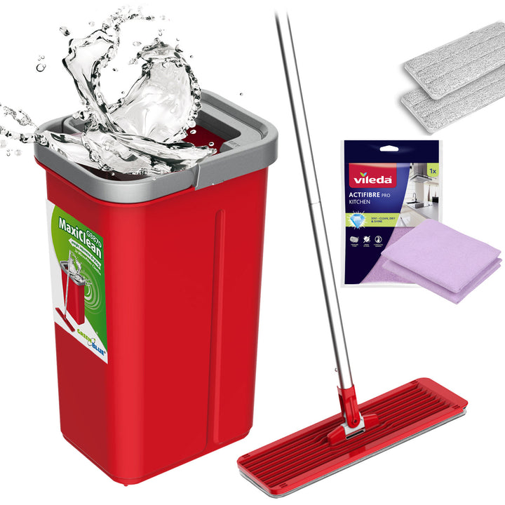 Fregona plana con cubo y escurridor GreenBlue, dos recambios de microfibra HQ, capacidad de 5,7 l, MaxiClean GB870 + paño Vileda Actifibre Pro