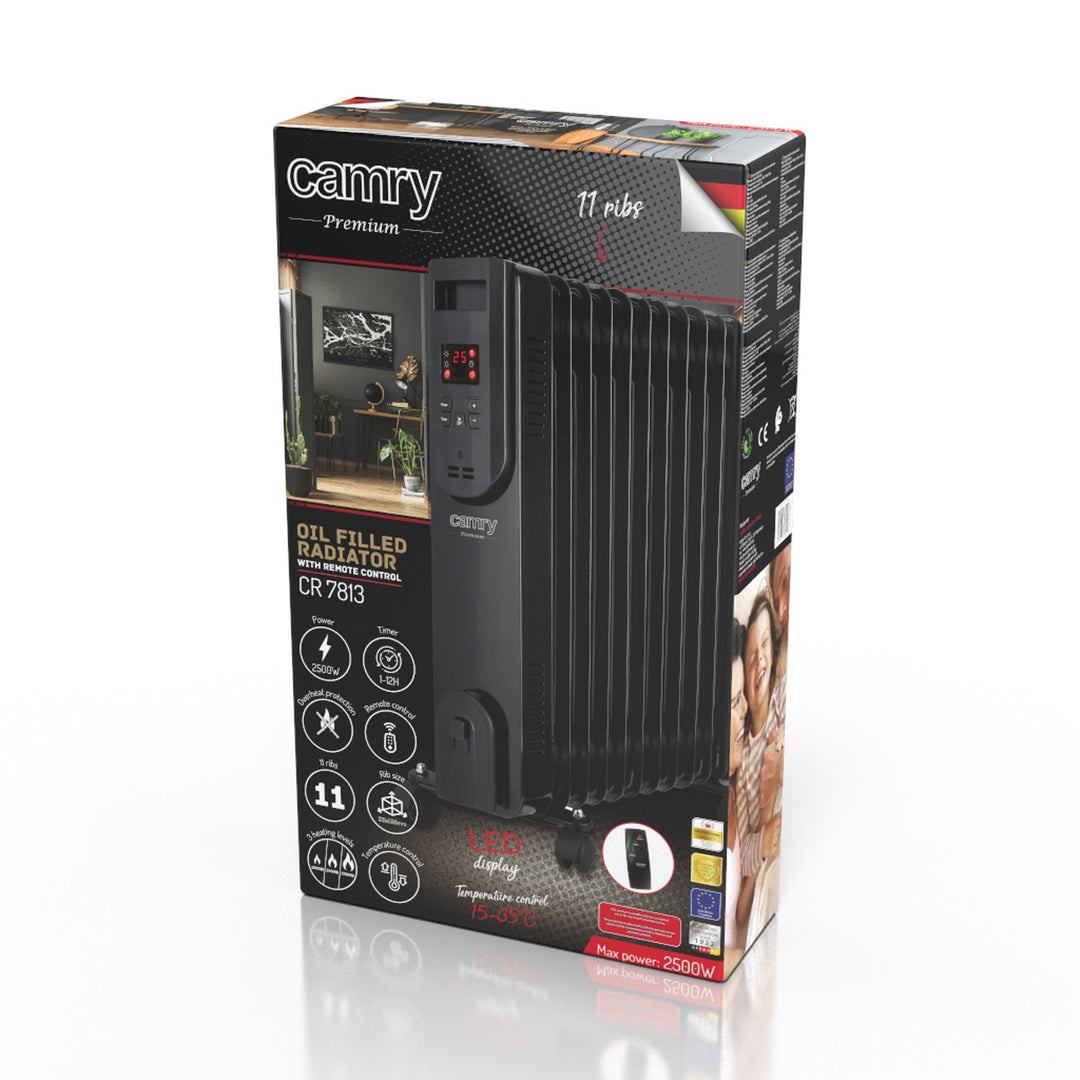 Radiador de aceite, 11 aletas, 2500 W, mando a distancia, pantalla LED, termostato, Camry CR 7813