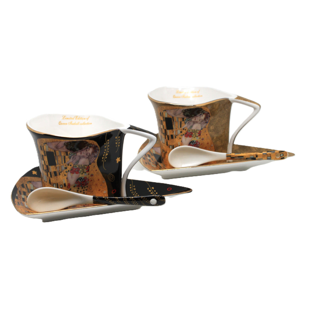 Tazas de porcelana «El beso» de Klimt, 2 x 180 ml, con cucharillas, Queen Isabell