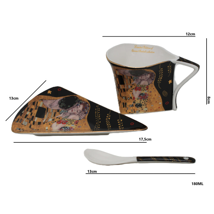 Tazas de porcelana «El beso» de Klimt, 2 x 180 ml, con cucharillas, Queen Isabell