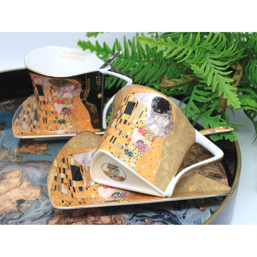 Tazas de porcelana «El beso» de Klimt, 2 x 180 ml, con cucharillas, Queen Isabell