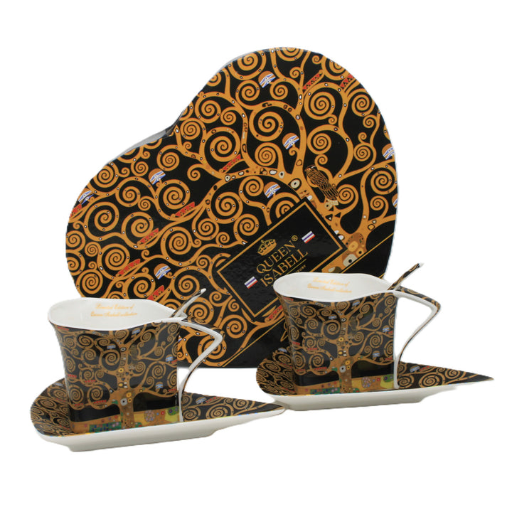 Tazas de porcelana Klimt «El árbol de la vida», 2 x 180 ml, con cucharillas, Queen Isabell