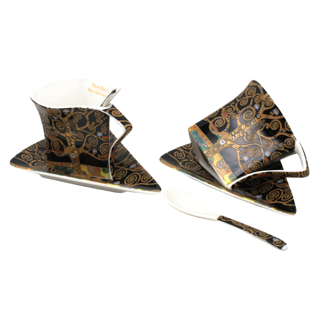 Tazas de porcelana Klimt «El árbol de la vida», 2 x 180 ml, con cucharillas, Queen Isabell