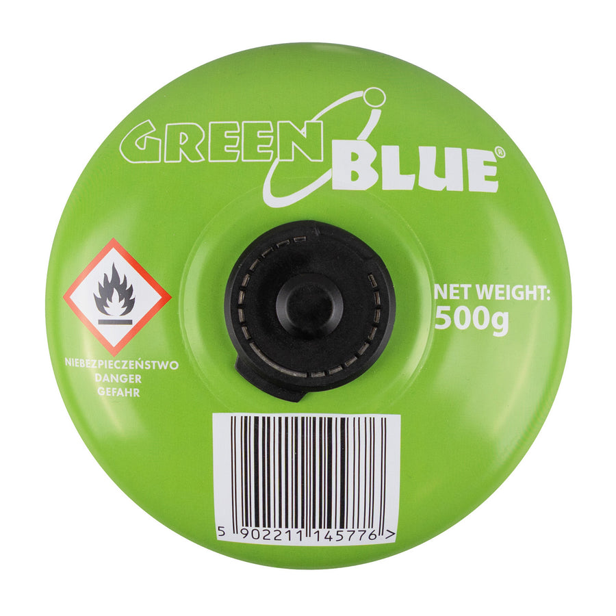 Cartucho de gas GreenBlue de 500 g. Certificado: Pi 0437, conforme a la norma EN 417, butano-propano, rango de temperatura de -10 °C a +40 °C, válvula de 7/16", GB499, 48 unidades