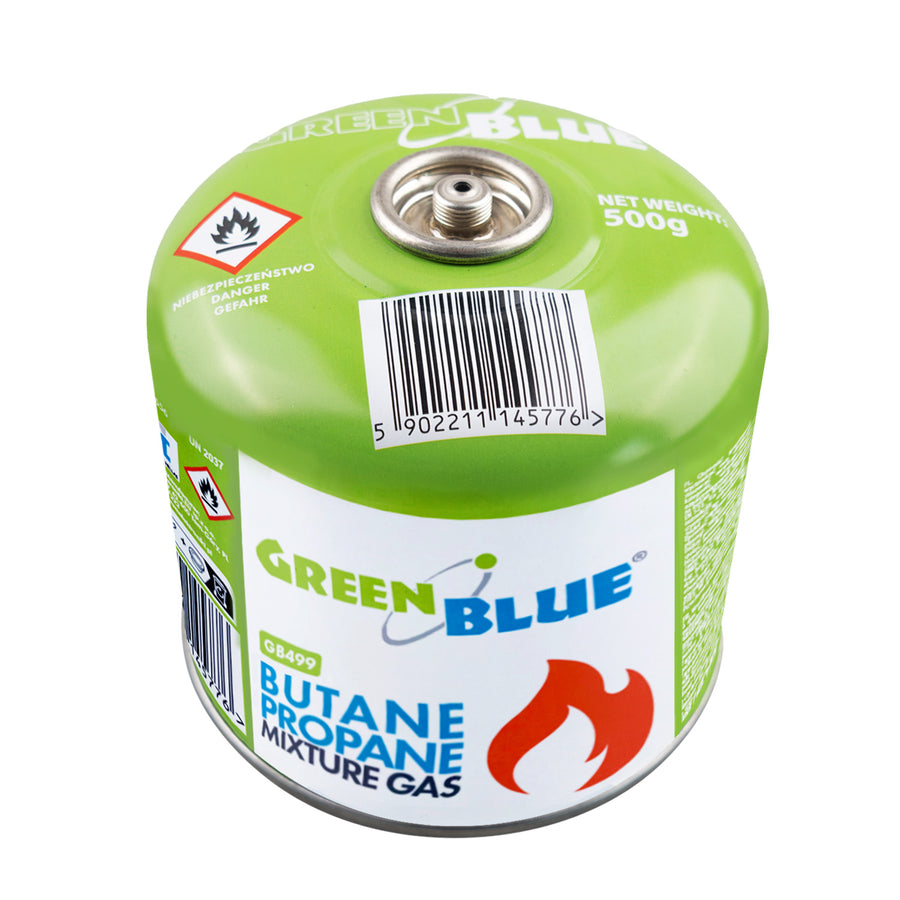 Cartucho de gas GreenBlue de 500 g. Certificado: Pi 0437, conforme a la norma EN 417, butano-propano, rango de temperatura de -10 °C a +40 °C, válvula de 7/16", GB499, 48 unidades