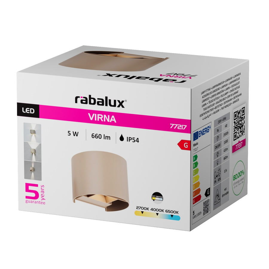 Aplique de exterior, Virna, LED 5 W, 420 lm, temperatura de color 2700, 4000, 6500 K, IP54, gris-beige, 77217