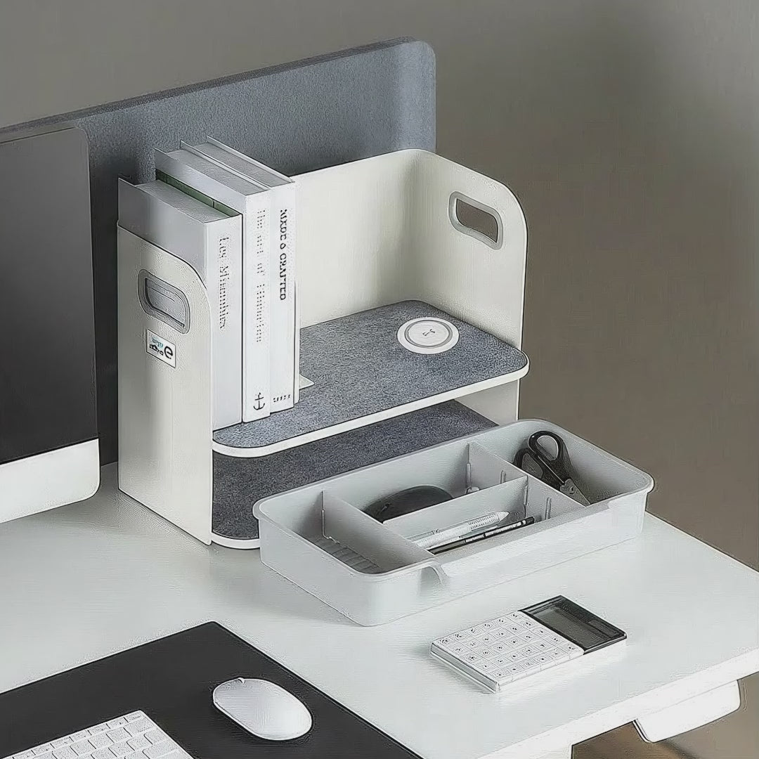 Organizador de mesa de escritório Ergo com gaveta e carregador sem fio, branco, máx. 10kg, ER-441