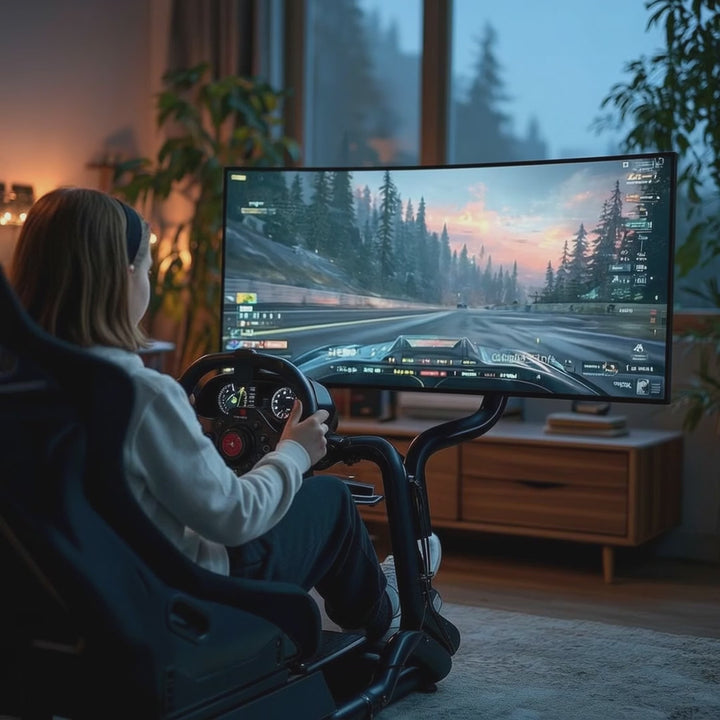 Simulador de carreras Cockpit 3 en 1 Asiento de juego hasta 130kg Soporte de palanca de cambio Soporte de volante Soporte de TV hasta 50" Max. Vesa 400x200 ...