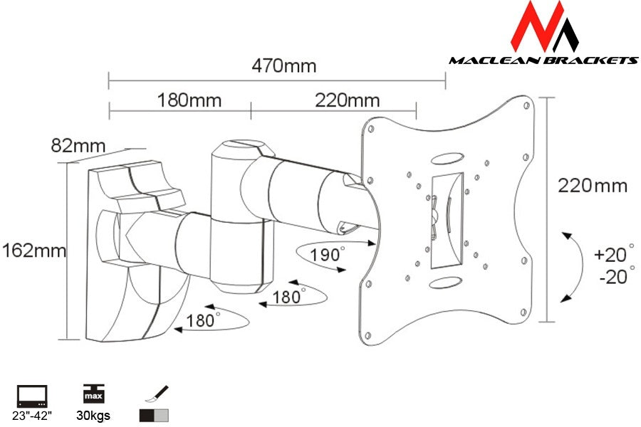 Suporte de parede articulado para tela de TV PLASMA, LCD, LED 23-42" 30 kg VESA 200x200 Maclean MC-503A S