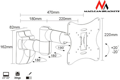 Soporte articulado de pared para pantalla TV PLASMA, LCD, LED 23-42" 30 kg VESA 200x200 Maclean MC-503A S