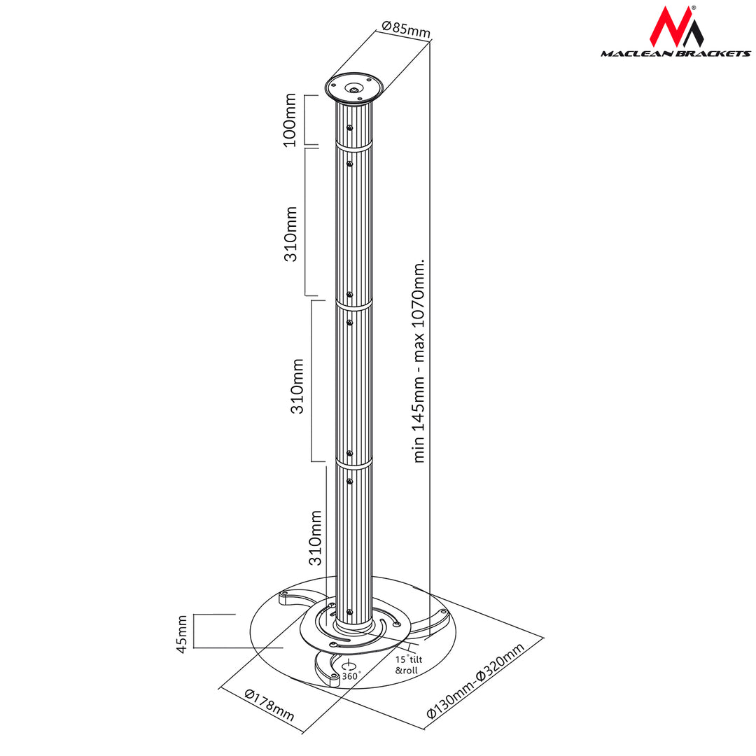 Soporte de techo para proyector 80-980mm, 10kg Maclean MC-517