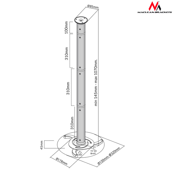 Soporte de techo para proyector 80-980mm, 10kg Maclean MC-517