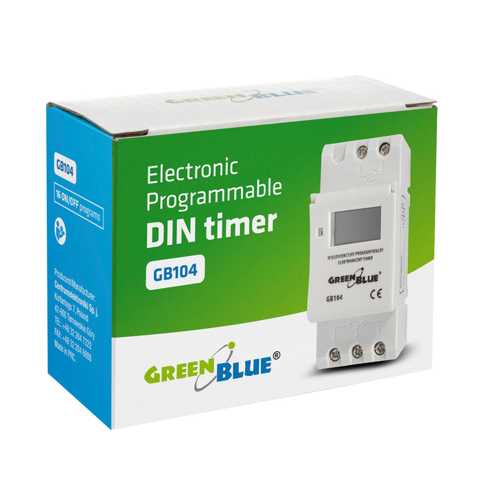 Programador elétrico digital diário semanal tipo trilho DIN 16A 250V GreenBlue GB100