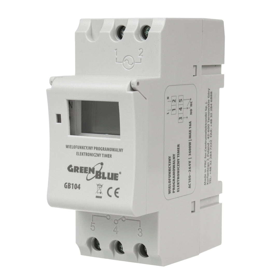 Programador elétrico digital diário semanal tipo trilho DIN 16A 250V GreenBlue GB100