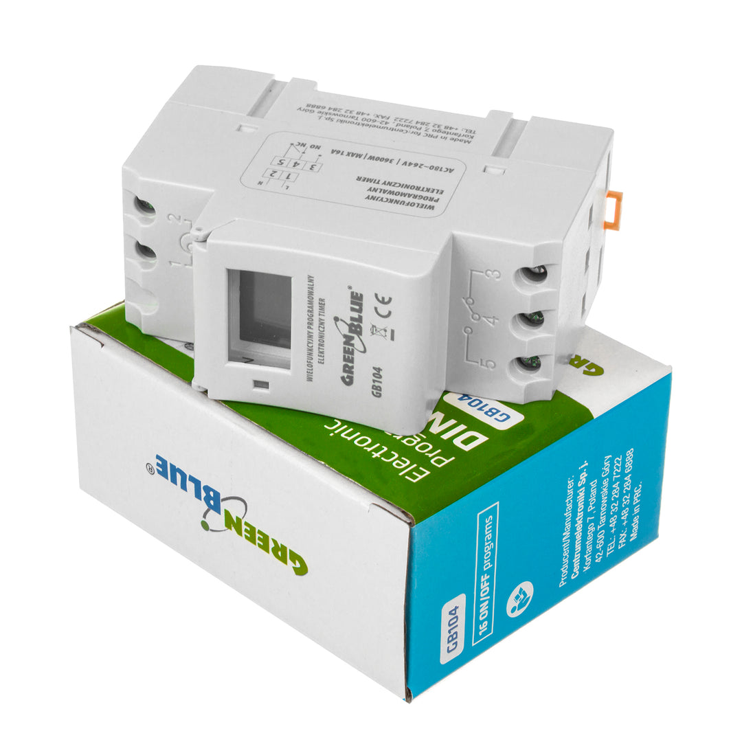 Programador elétrico digital diário semanal tipo trilho DIN 16A 250V GreenBlue GB100