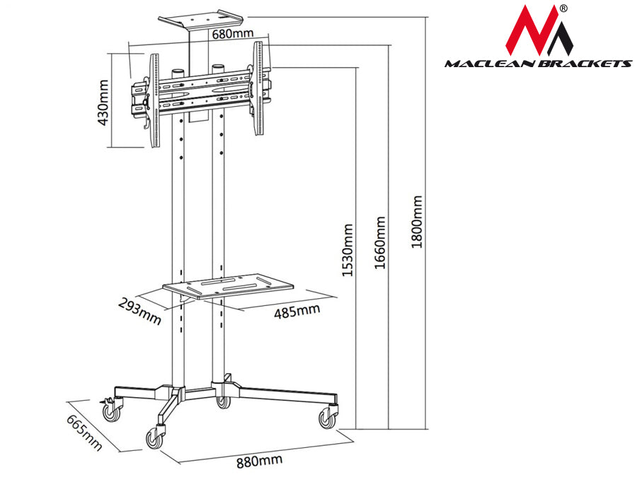 Suporte para tela de TV LCD LED de 32-55" com prateleira para DVD e rodas multidirecionais, carga até 50kg, VESA Maclean MC-661