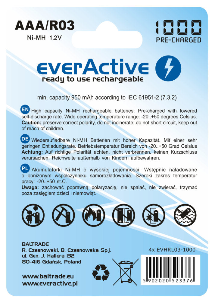 4 pilhas recarregáveis ​​R03/AAA everActive