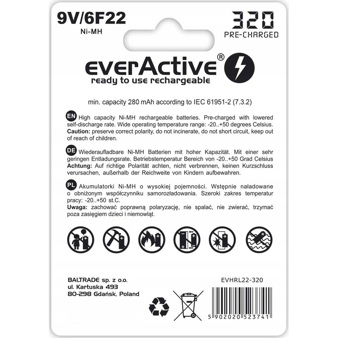 Batería recargable EverActive 6F22 / 9V Ni-MH de 320 mAh