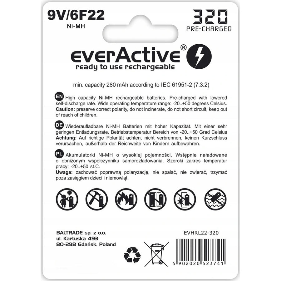 Batería recargable EverActive 6F22 / 9V Ni-MH de 320 mAh