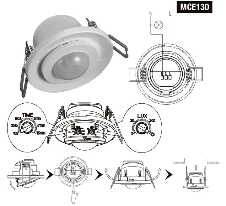 Detector de movimiento por infrarrojos para empotrar de techo 360° Maclean MCE130