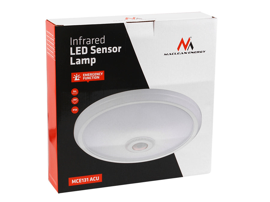 Plafon LED 12W com sensor de movimento PIR e fonte de alimentação de emergência, alcance de 6m Maclean Energy MCE131 ACU