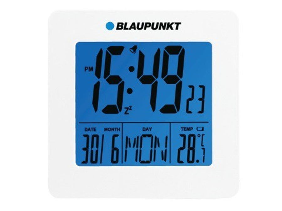 Reloj despertador con pantalla LCD Termómetro con fecha de memoria de temperatura, reloj blanco