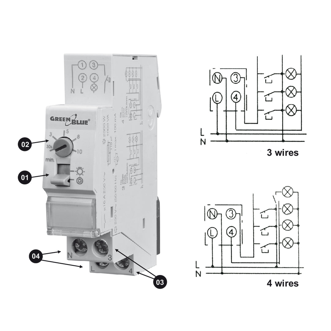 Controle de temporizador em trilho DIN 30s-10m max 2300W escadas GreenBlue GB114