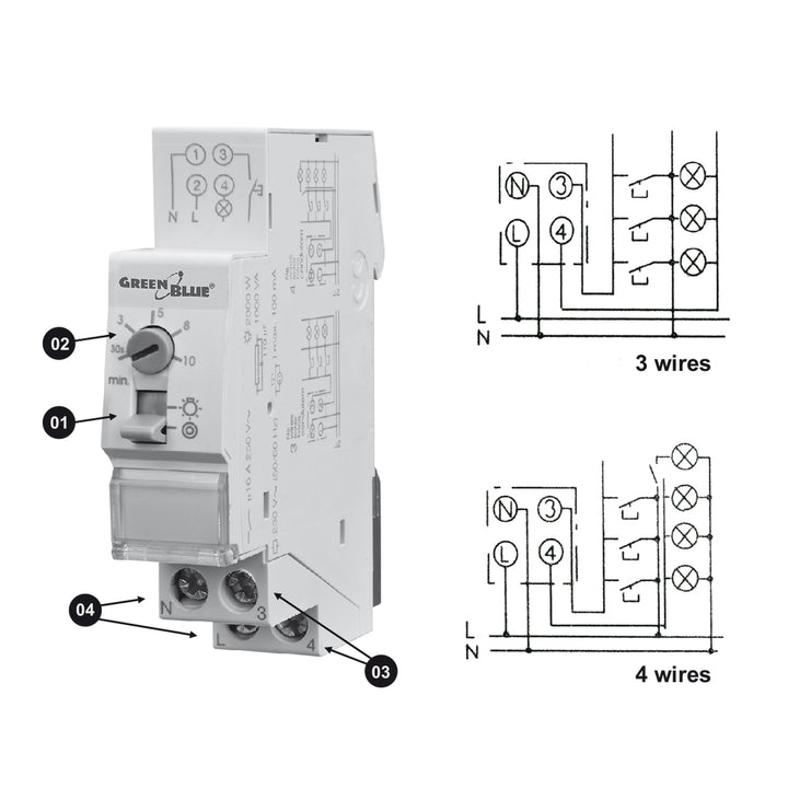 Controle de temporizador em trilho DIN 30s-10m max 2300W escadas GreenBlue GB114