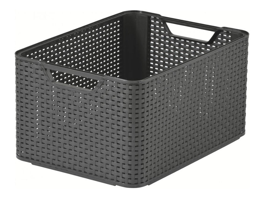 Cesto curvo, multiusos, com tampa, cinzento, estilo rattan L