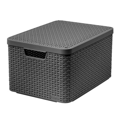 Cesto curvo, multiusos, com tampa, cinzento, estilo rattan L