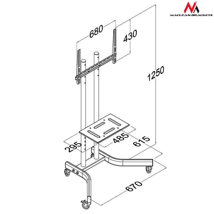 Maclean MC-739 Suporte profissional com prateleira e rodas para TV de tela plana, LED, LCD com peso máximo de 40 kg VESA até 600 x 400 mm