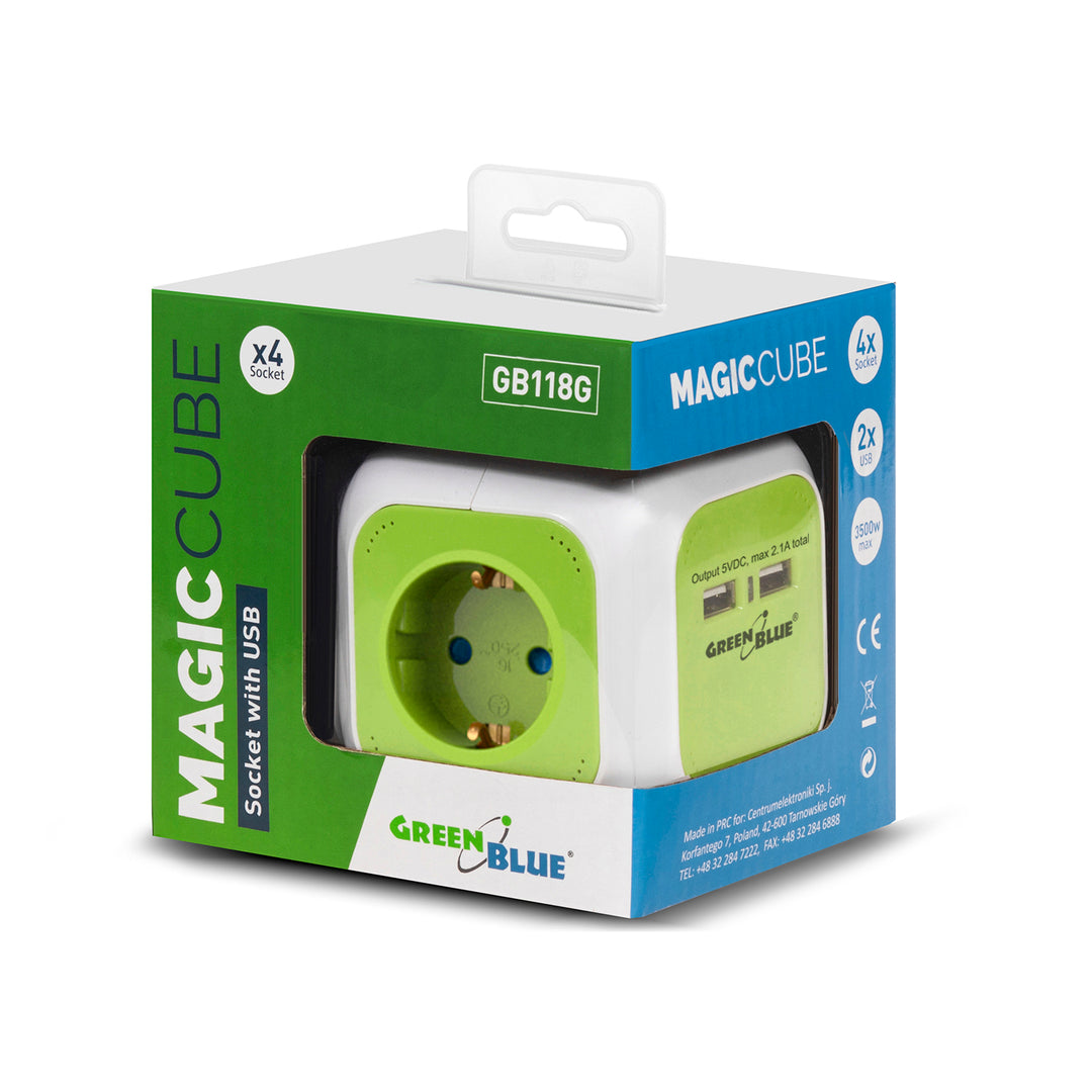 Tomada de alimentação, 2 entradas USB, comprimento do cabo 1,4m, GreenBlue GB118G - MagicCube,