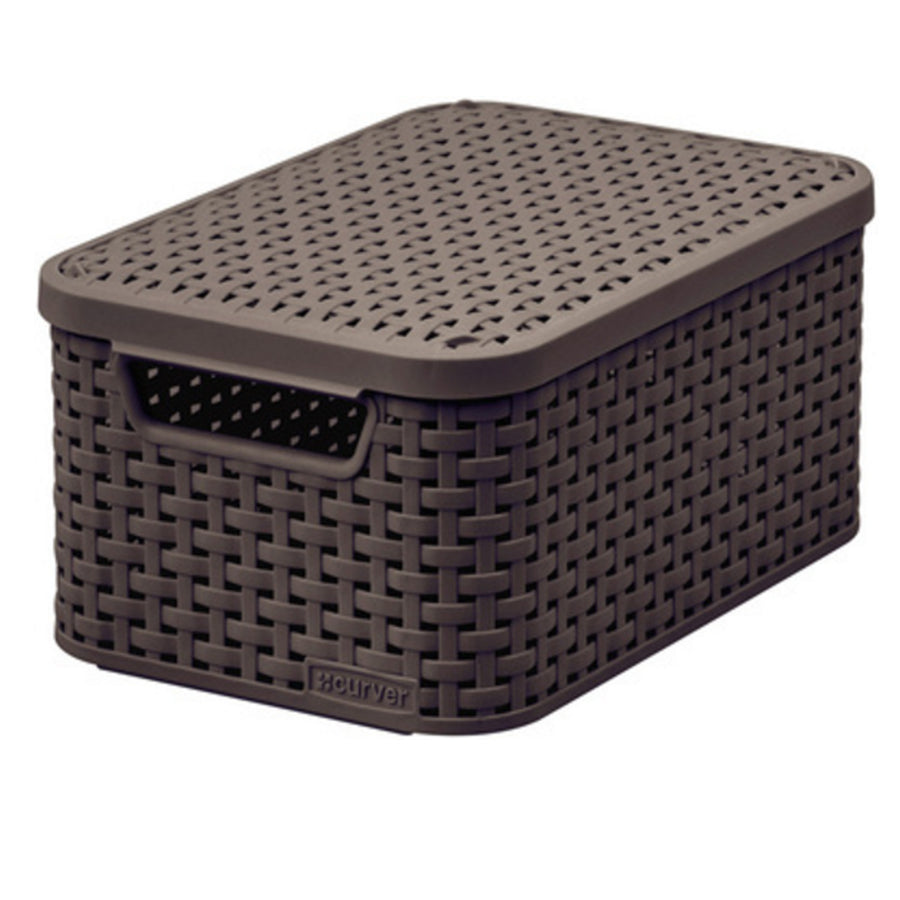 Cesto multiusos Curver com tampa, castanho escuro, estilo rattan P