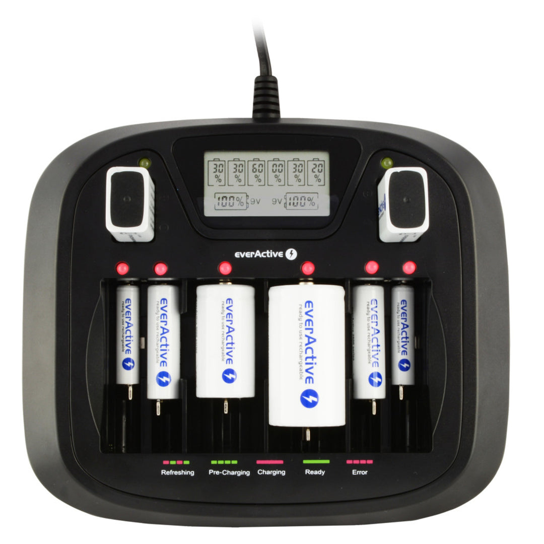 AA AAA CD 9V Cargador profesional de 8 canales everActive NC-900U