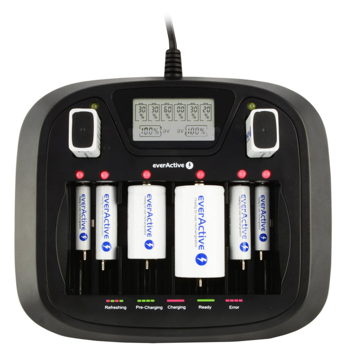 AA AAA CD 9V Cargador profesional de 8 canales everActive NC-900U