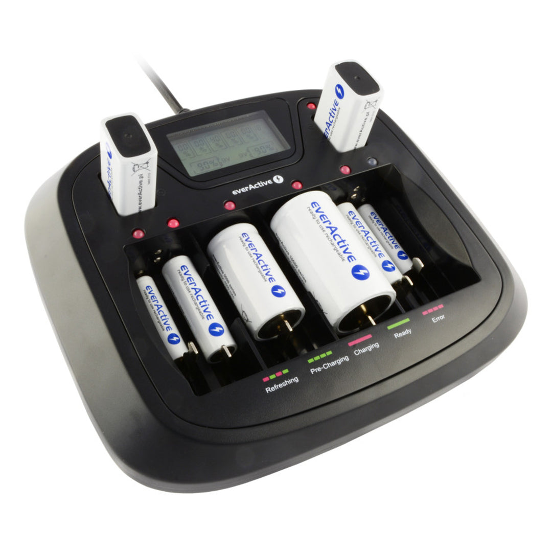 AA AAA CD 9V Cargador profesional de 8 canales everActive NC-900U