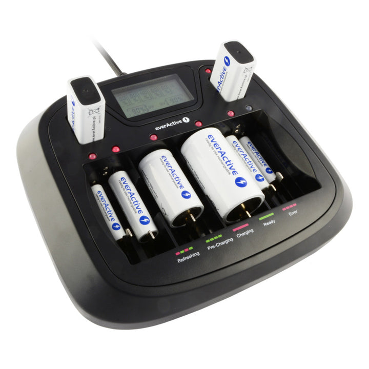 AA AAA CD 9V Cargador profesional de 8 canales everActive NC-900U
