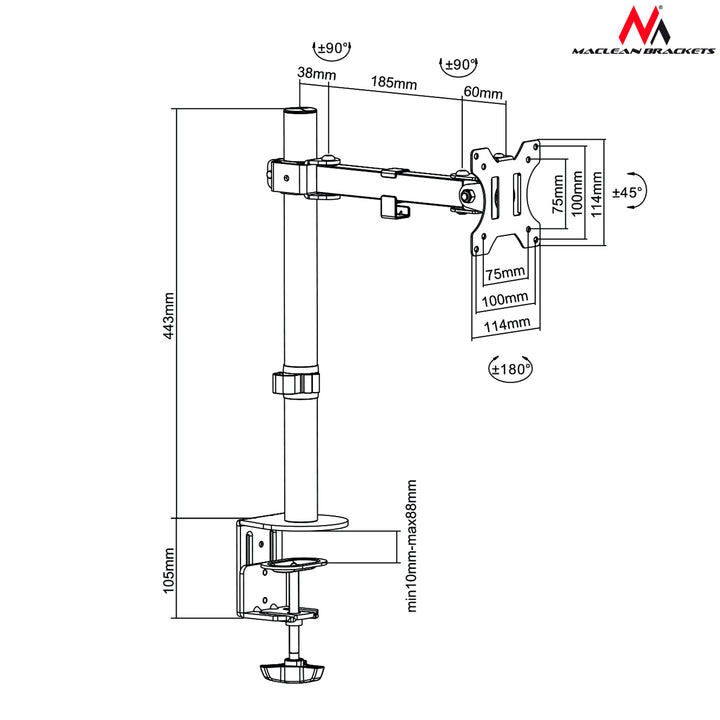 Suporte de mesa para monitor 13-32" 8kg com braço VESA max 100x100 Maclean MC-752