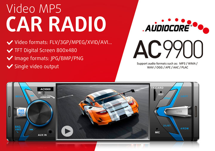 Sistema de áudio viva-voz Bluetooth MP5 AVI DivX + controle remoto Audiocore AC9900