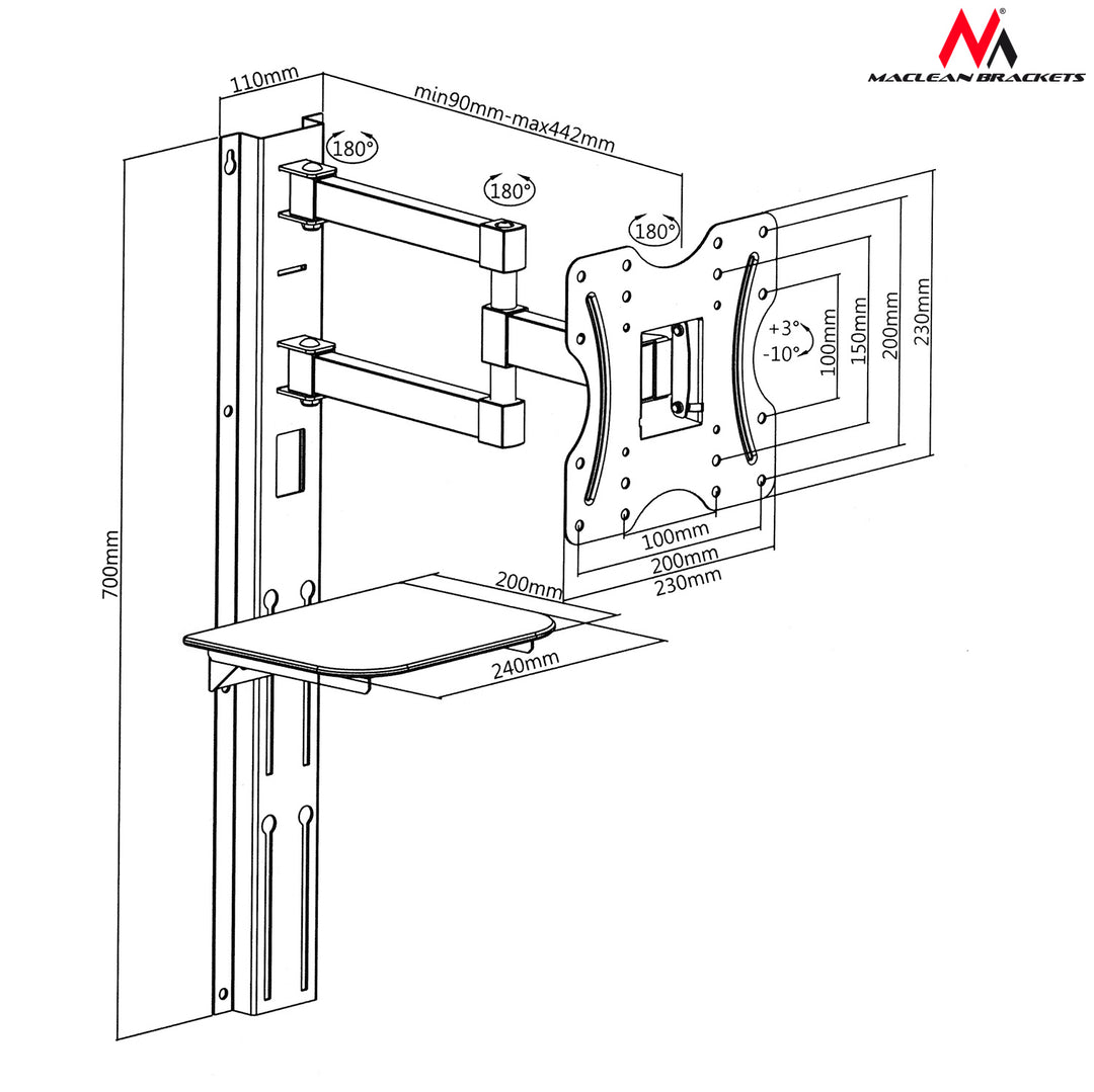 Suporte de parede para tela com prateleira para DVD 23"- 42", carga até 30kg, suporte inclinável Maclean MC771