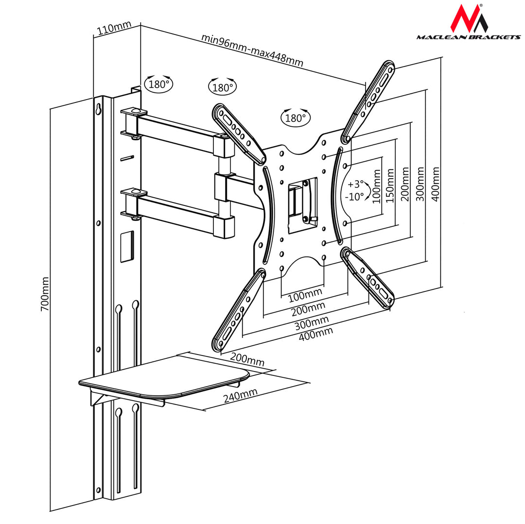 Soporte de pared para pantalla con estante para DVD 32"- 55", peso soportado 30kg, soporte inclinable Maclean MC772