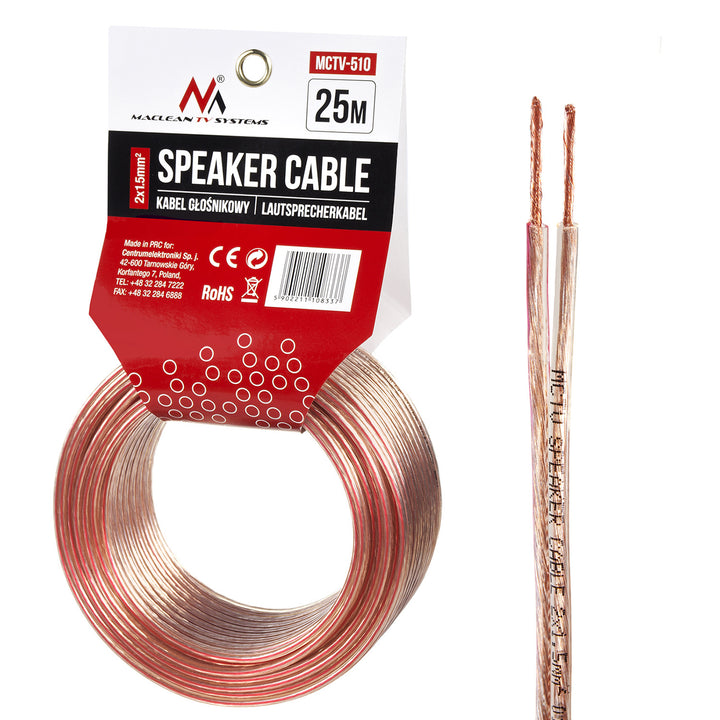 Cable de altavoz Maclean MCTV-510 2 * 1.5mm2 / 48 * 0.20CCA 3.5 * 7.0mm CLARO Altavoz de PVC 25m